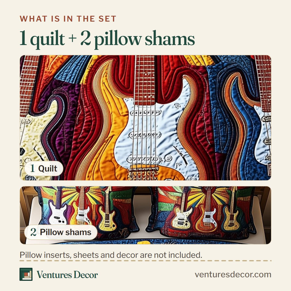 What is in the set: one quilt and two pillow shams, shown in the Melody Of Colors Guitar Ray Fan on Navy design