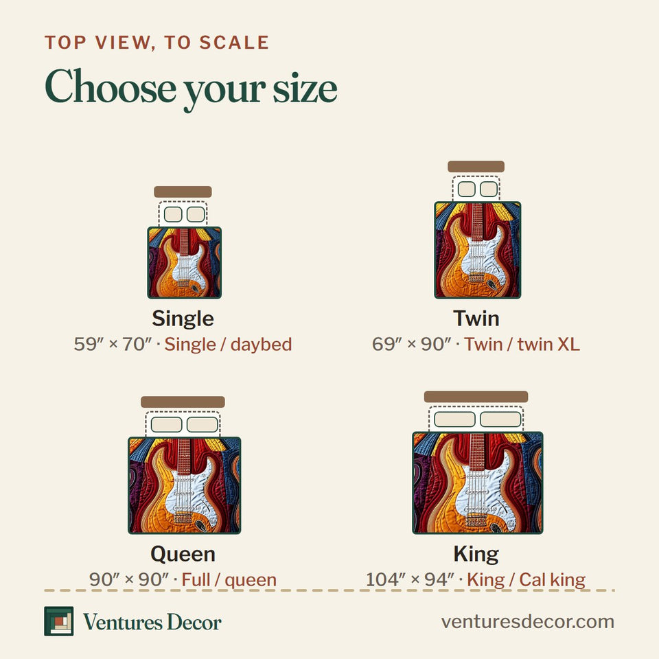 Size guide for the Melody Of Colors Guitar Ray Fan on Navy quilt, top view to scale: Single 59 x 70 in, Twin 69 x 90 in, Queen 90 x 90 in, King 104 x 94 in