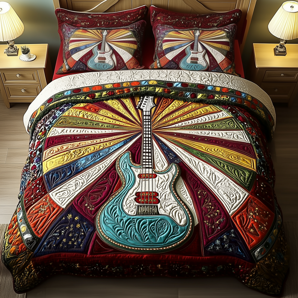 Melody Of Colors Guitar Single on a Radiant Fan quilted bedding set, quilt and two pillow shams on a made bed