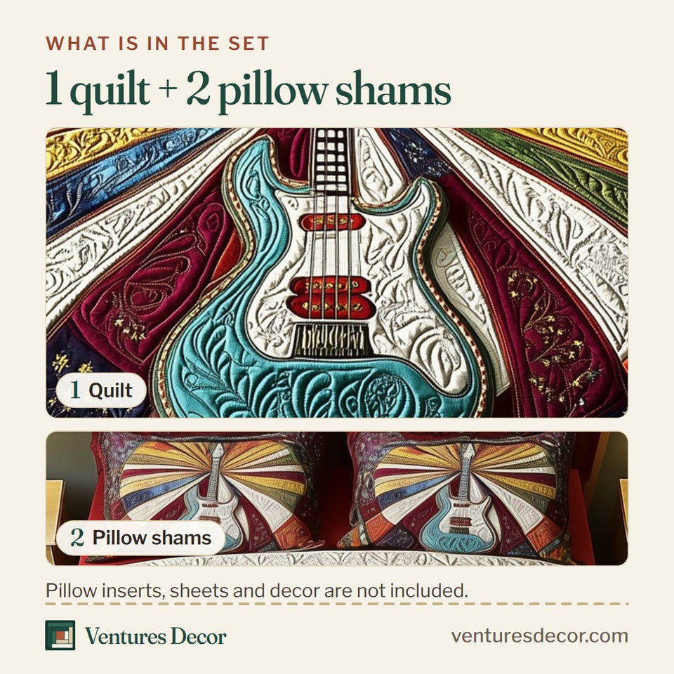 What is in the set: one quilt and two pillow shams, shown in the Melody Of Colors Guitar Single on a Radiant Fan design