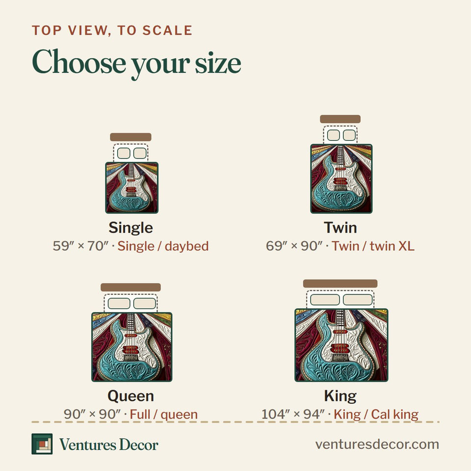 Size guide for the Melody Of Colors Guitar Single on a Radiant Fan quilt, top view to scale: Single 59 x 70 in, Twin 69 x 90 in, Queen 90 x 90 in, King 104 x 94 in