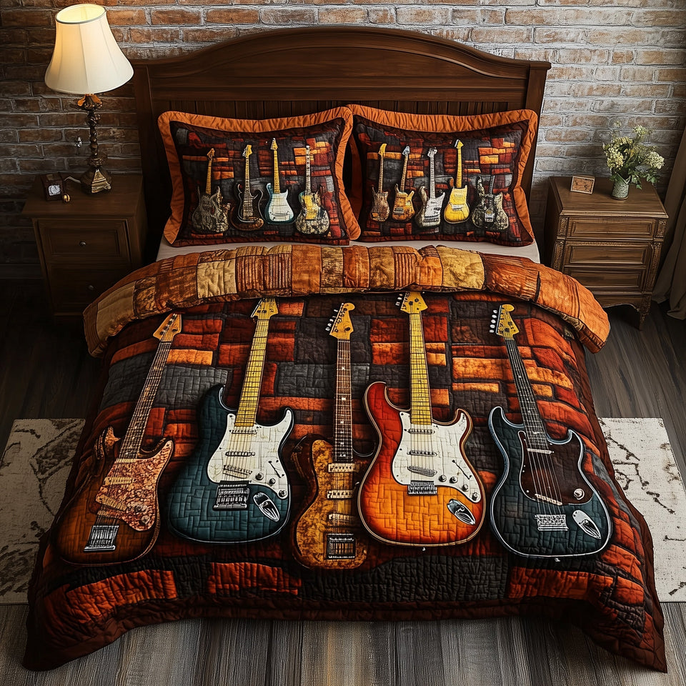 Melody of Soul Four on the Warm Brick Wall quilted bedding set, quilt and two pillow shams on a made bed