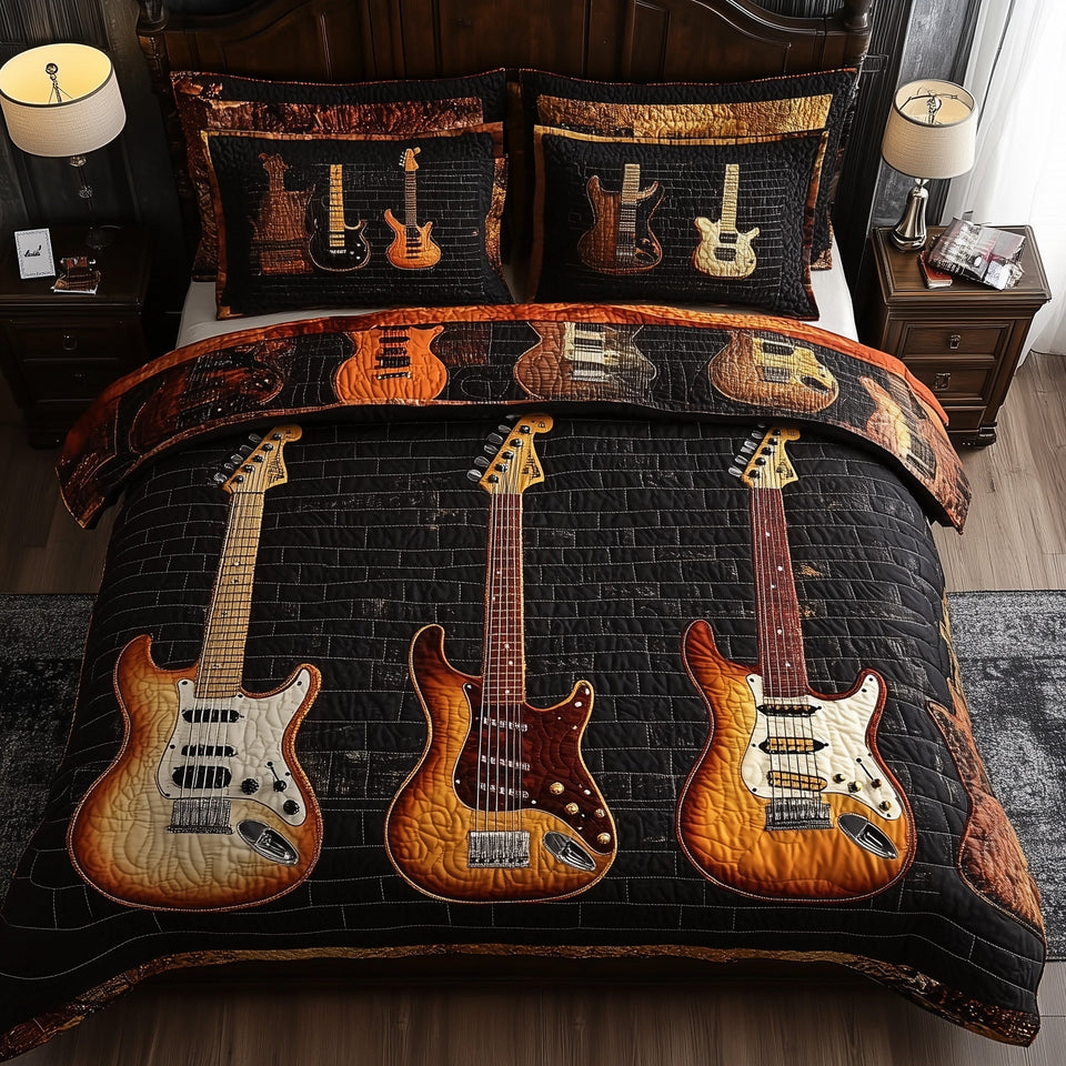 Melody of Soul Trio on Charcoal quilted bedding set, quilt and two pillow shams on a made bed