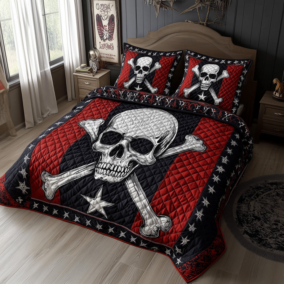 Memorialized Fallen Skull quilted bedding set, quilt and two pillow shams on a made bed