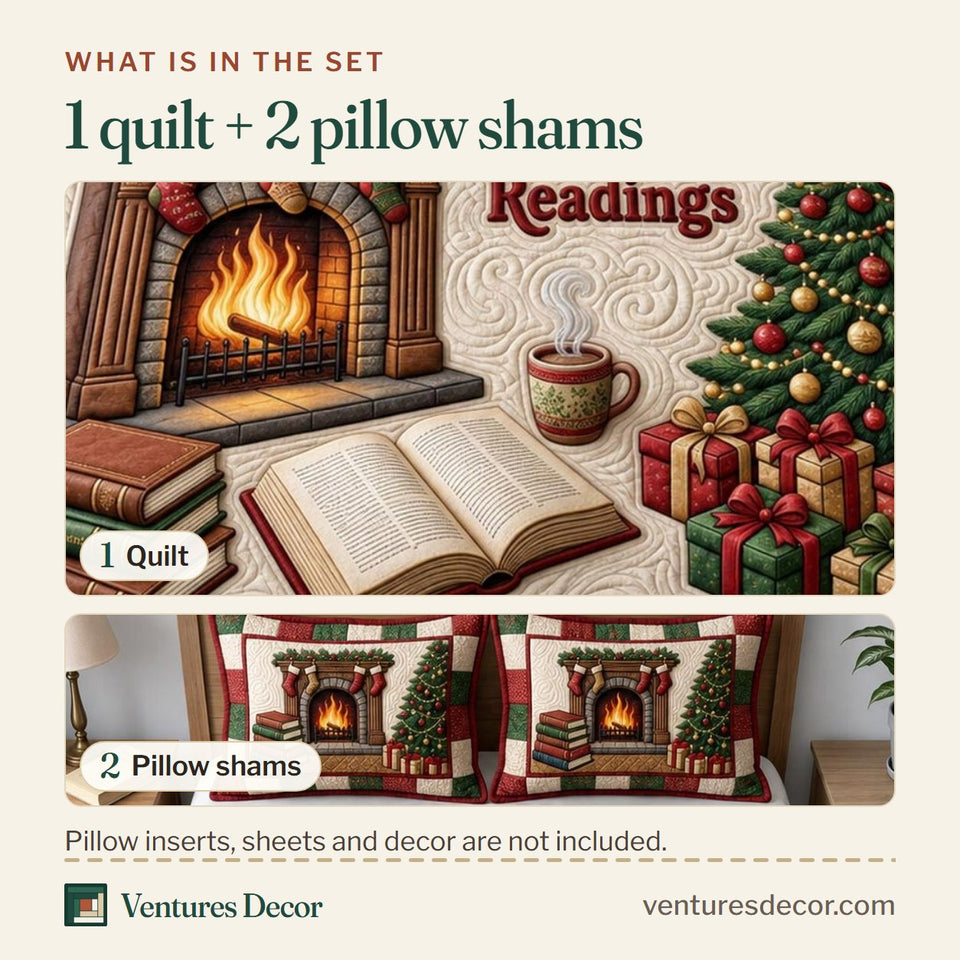 What is in the set: one quilt and two pillow shams, shown in the Merry Bookmas Fireplace design