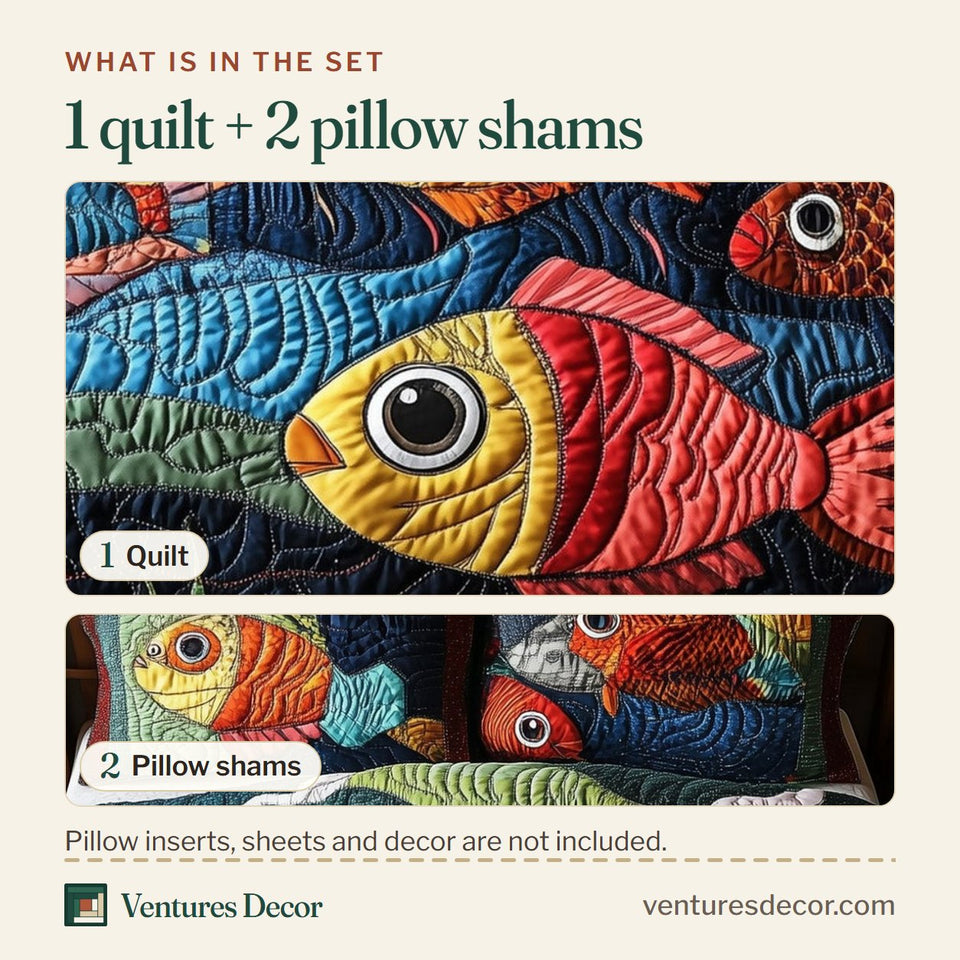 What is in the set: one quilt and two pillow shams, shown in the Merry Fish School design