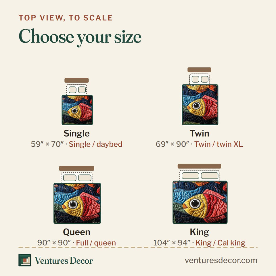 Size guide for the Merry Fish School quilt, top view to scale: Single 59 x 70 in, Twin 69 x 90 in, Queen 90 x 90 in, King 104 x 94 in