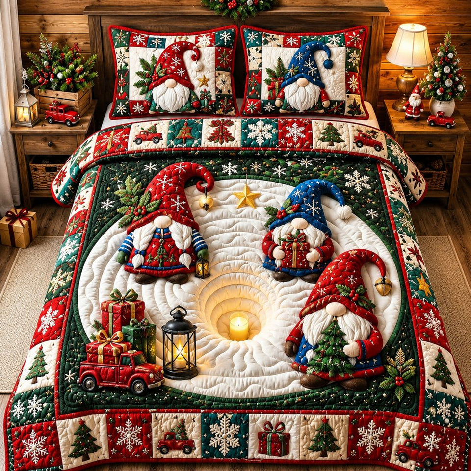 Merry Gnomes Christmas quilted bedding set, quilt and two pillow shams on a made bed
