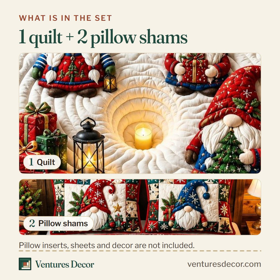 What is in the set: one quilt and two pillow shams, shown in the Merry Gnomes Christmas design