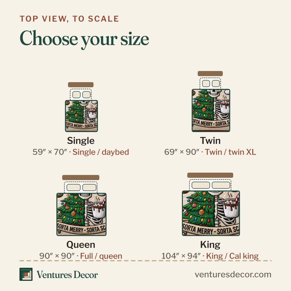 Size guide for the Merry Gothmas Dark Christmas quilt, top view to scale: Single 59 x 70 in, Twin 69 x 90 in, Queen 90 x 90 in, King 104 x 94 in