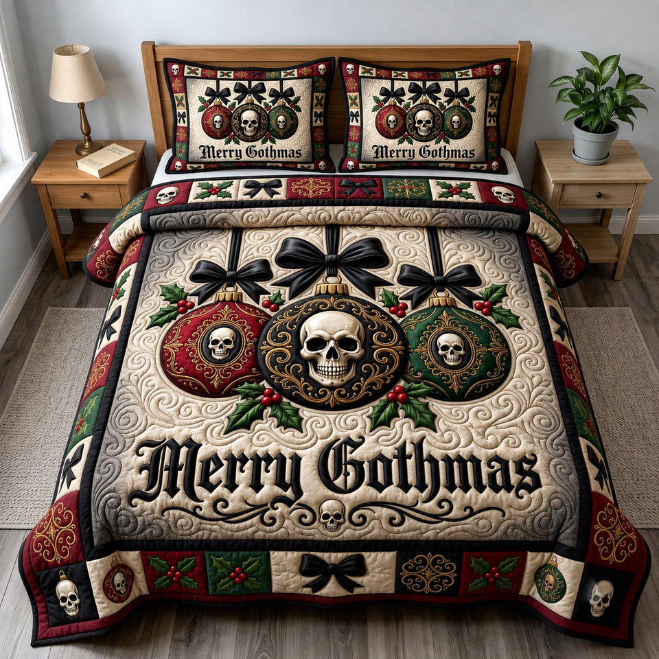 Merry Gothmas Goth Holiday quilted bedding set, quilt and two pillow shams on a made bed