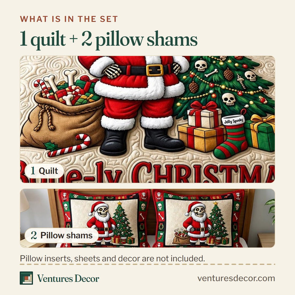 What is in the set: one quilt and two pillow shams, shown in the Merry Gothmas Gothic Christmas design