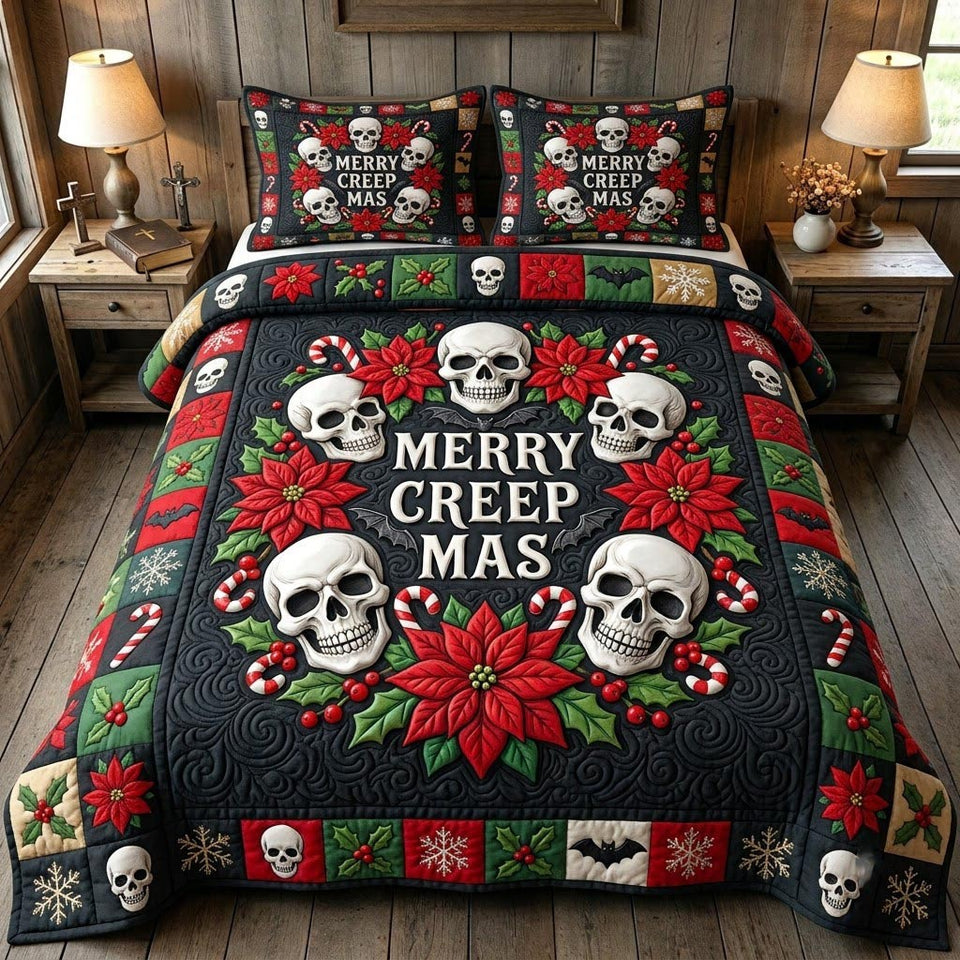 Merry Gothmas Holiday Gothic quilted bedding set, quilt and two pillow shams on a made bed