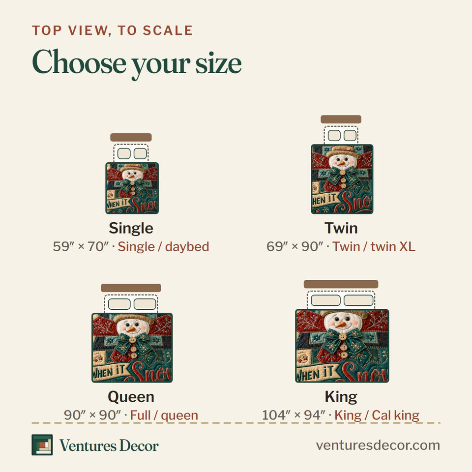 Size guide for the Merry Snowman Wonderland quilt, top view to scale: Single 59 x 70 in, Twin 69 x 90 in, Queen 90 x 90 in, King 104 x 94 in