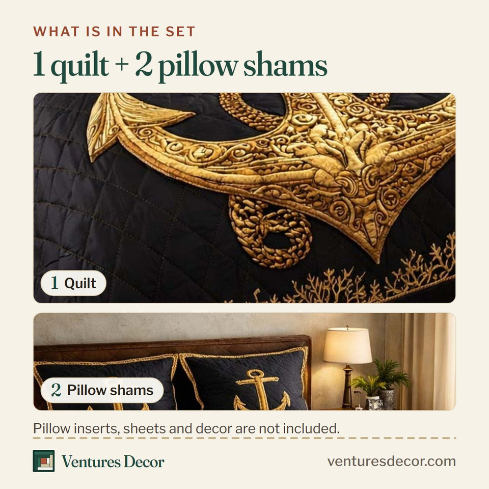 What is in the set: one quilt and two pillow shams, shown in the Midnight Anchor design