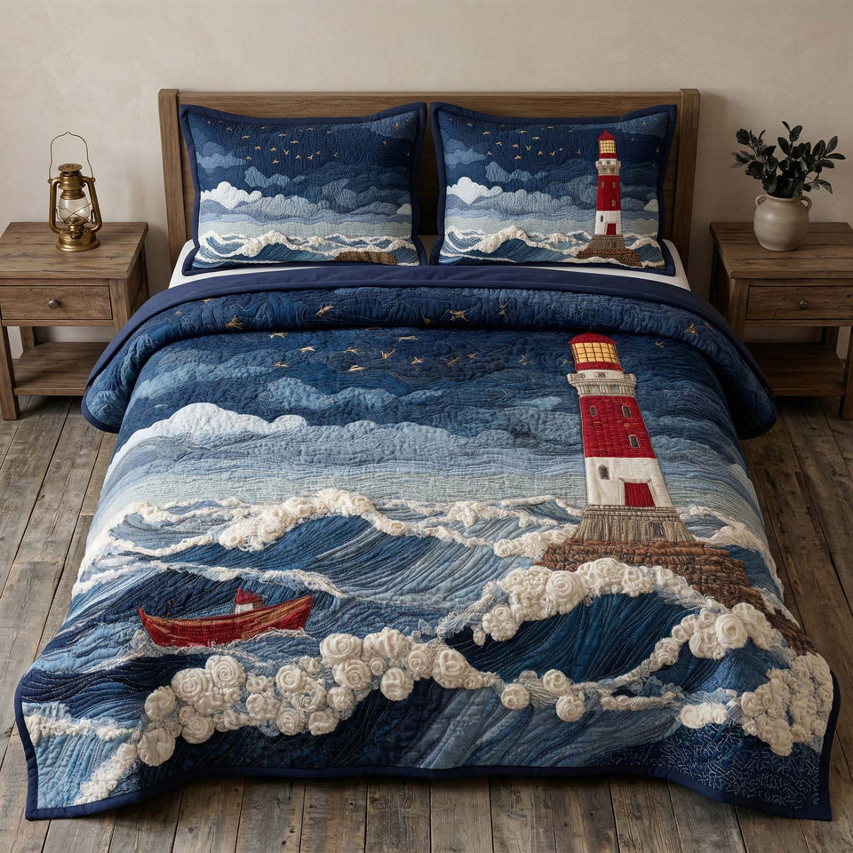 Midnight Beacon quilted bedding set, quilt and two pillow shams on a made bed