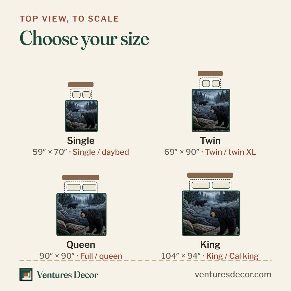 Size guide for the Midnight Bear Cave quilt, top view to scale: Single 59 x 70 in, Twin 69 x 90 in, Queen 90 x 90 in, King 104 x 94 in