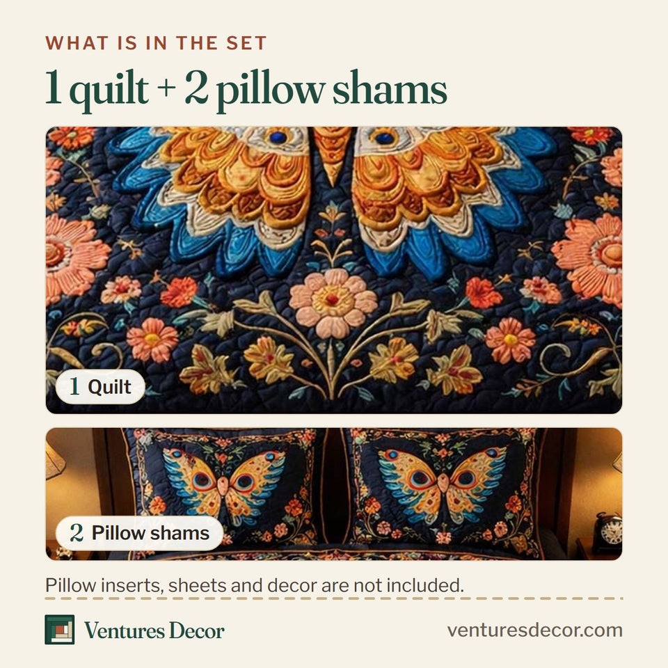 What is in the set: one quilt and two pillow shams, shown in the Midnight Butterfly Bloom design