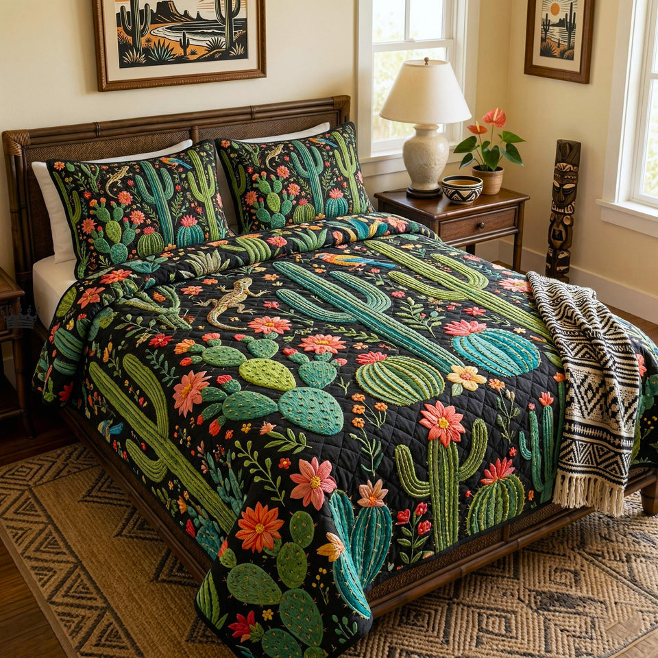 Midnight Cactus Bloom quilted bedding set, quilt and two pillow shams on a made bed