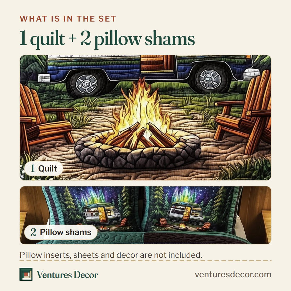 What is in the set: one quilt and two pillow shams, shown in the Midnight Camping design