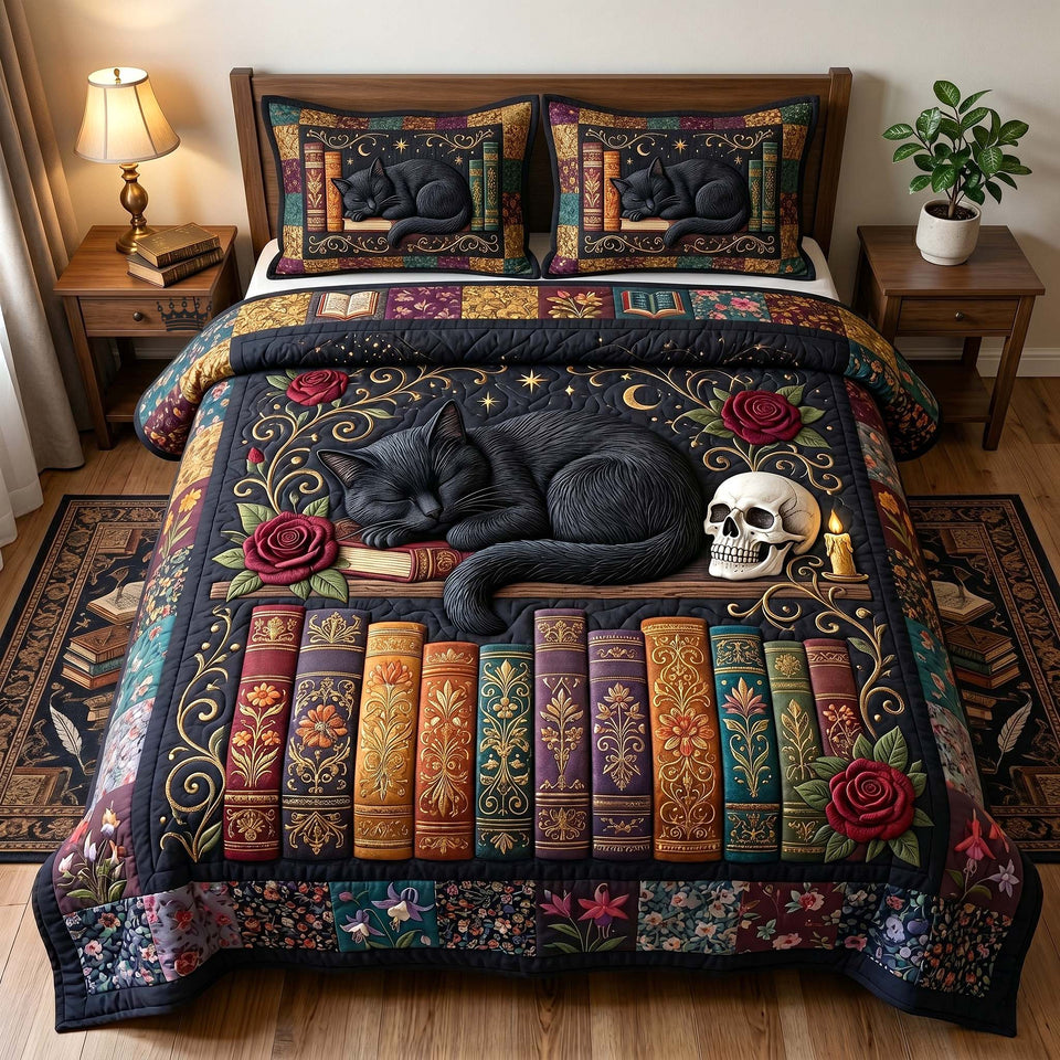 Midnight Cat Library Skull quilted bedding set, quilt and two pillow shams on a made bed