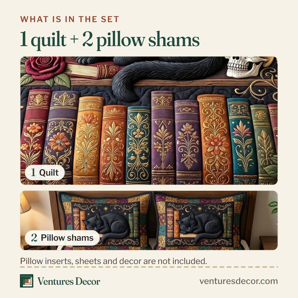 What is in the set: one quilt and two pillow shams, shown in the Midnight Cat Library Skull design