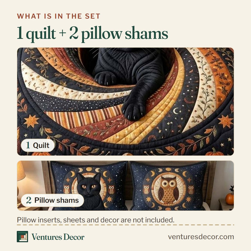 What is in the set: one quilt and two pillow shams, shown in the Midnight Cat Nest design