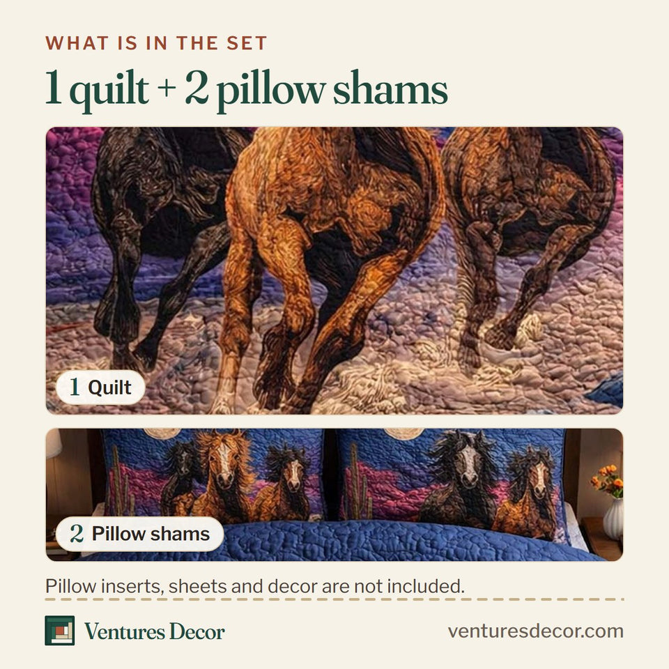 What is in the set: one quilt and two pillow shams, shown in the Midnight Desert Gallop design