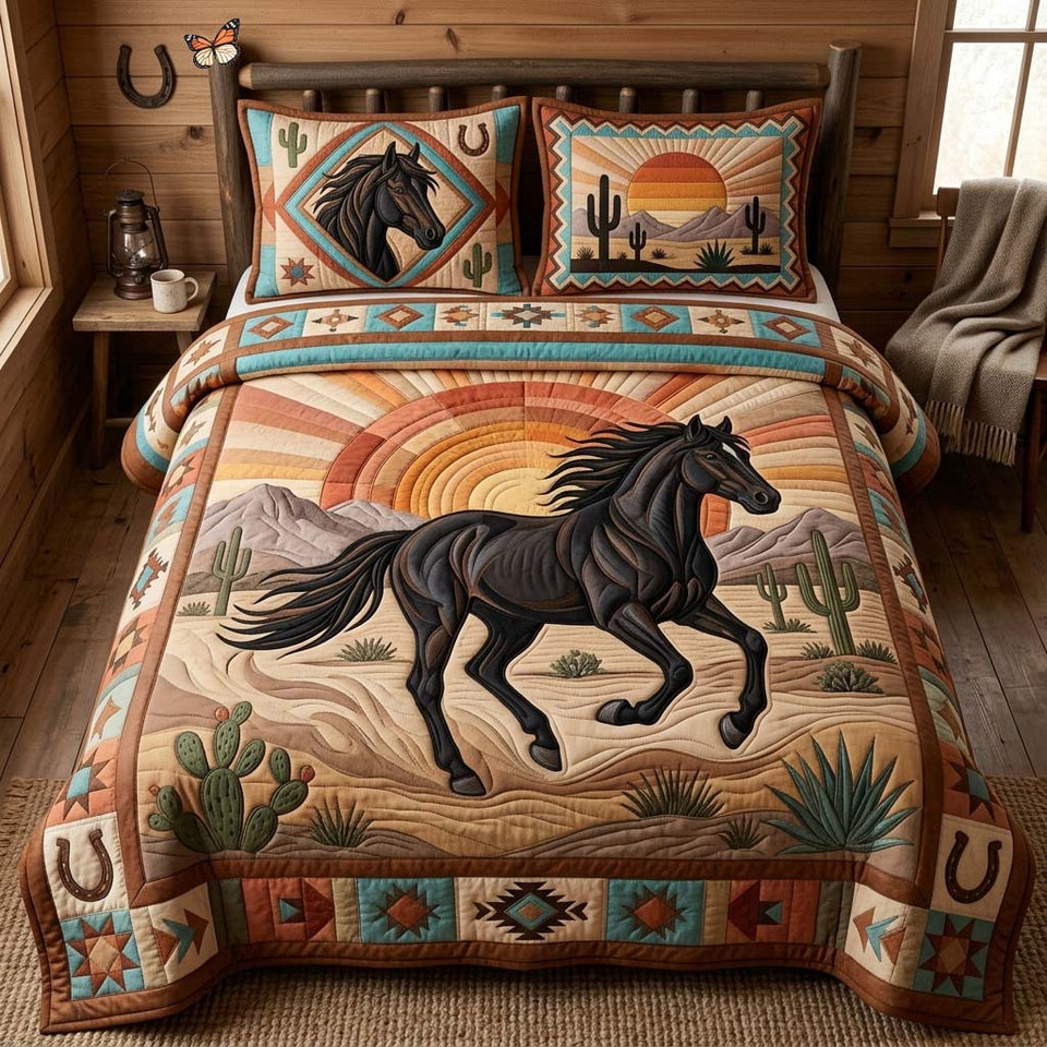 Midnight Desert Horse quilted bedding set, quilt and two pillow shams on a made bed