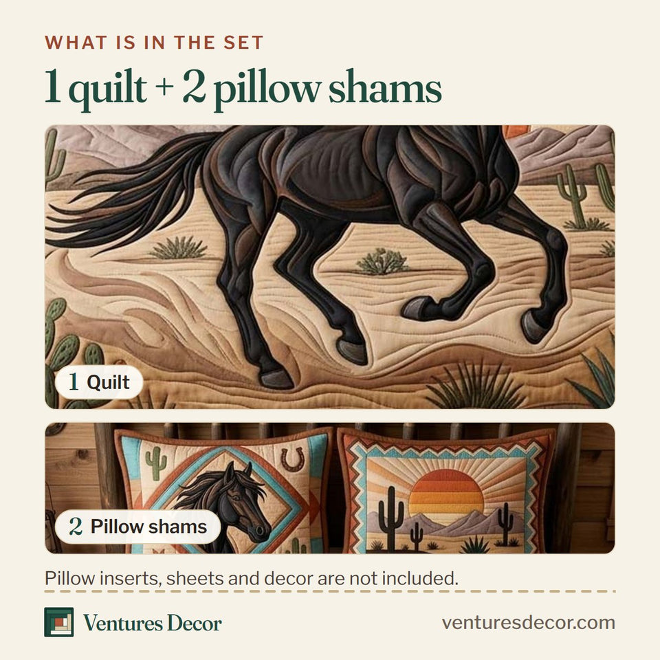 What is in the set: one quilt and two pillow shams, shown in the Midnight Desert Horse design