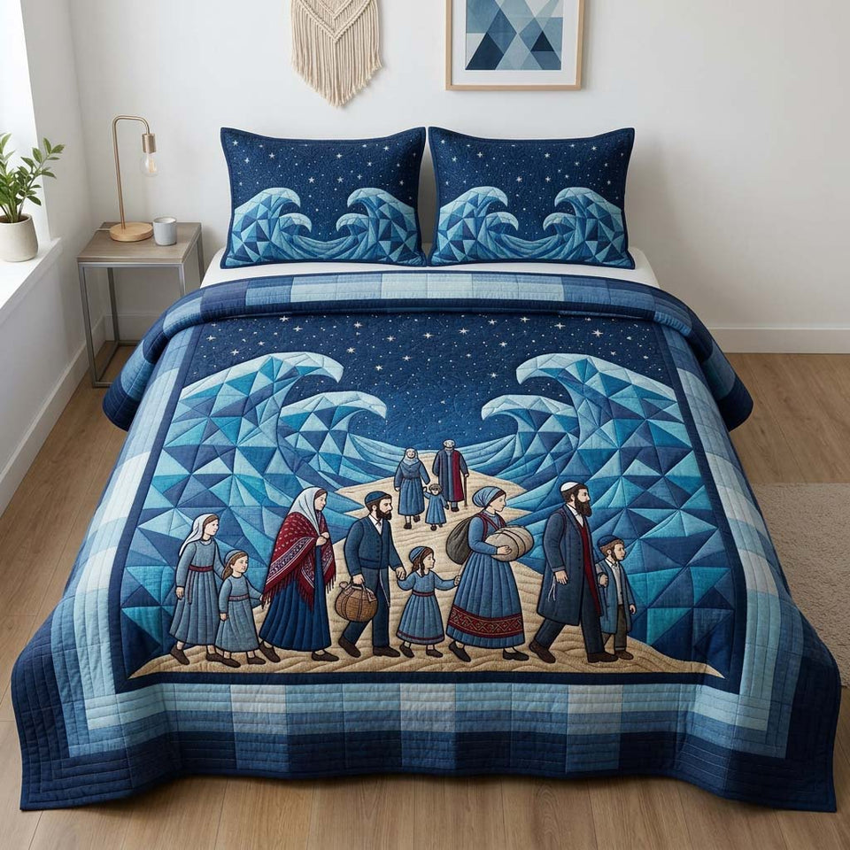 Midnight Faith Walk quilted bedding set, quilt and two pillow shams on a made bed