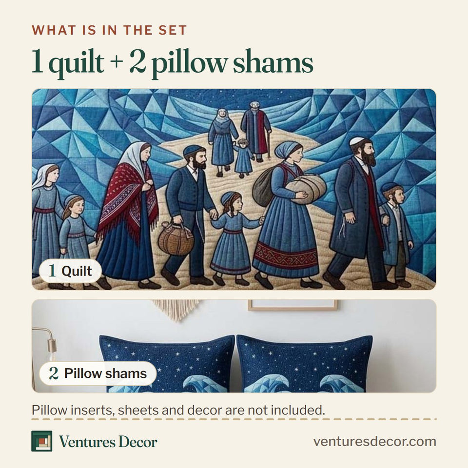 What is in the set: one quilt and two pillow shams, shown in the Midnight Faith Walk design