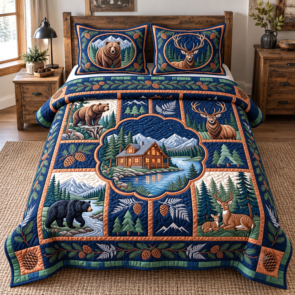 Midnight Forest Patchwork quilted bedding set, quilt and two pillow shams on a made bed