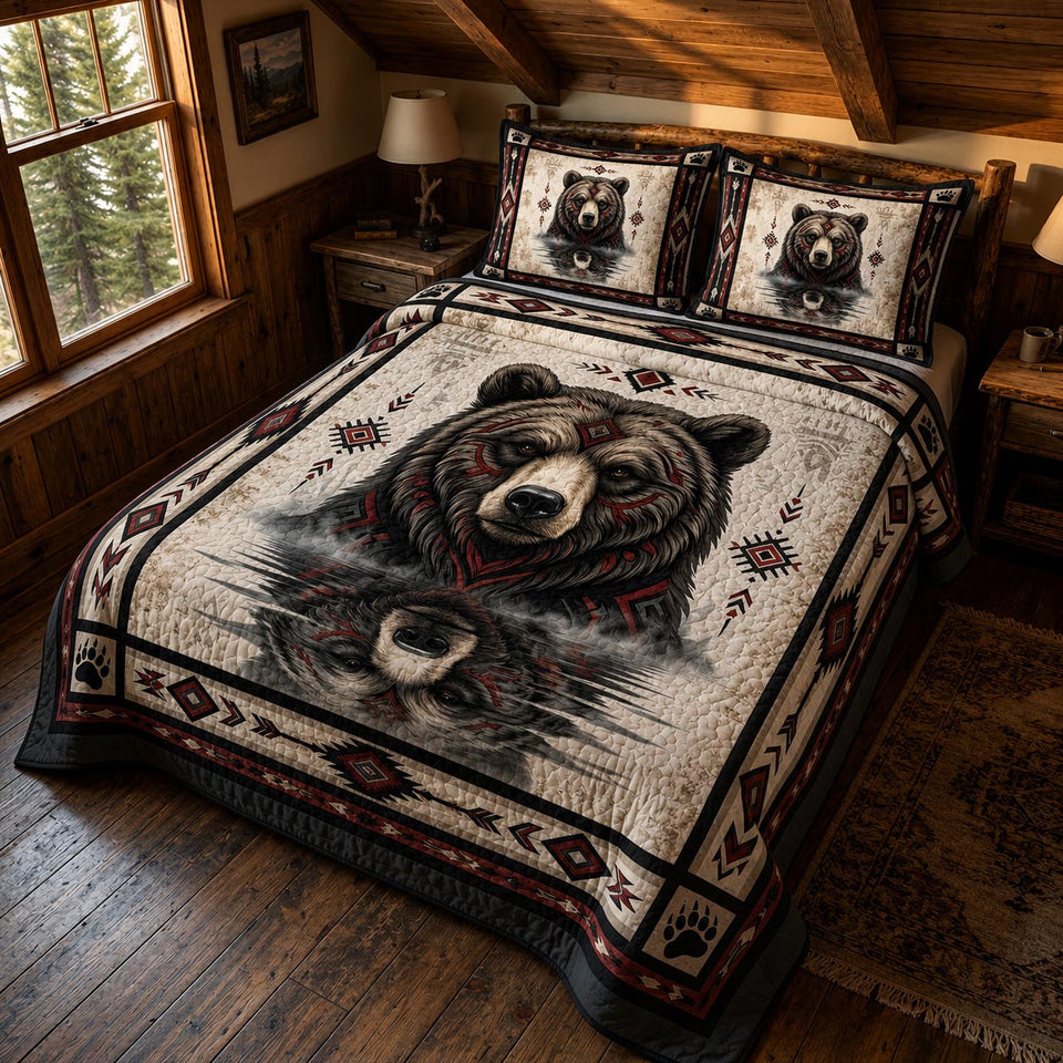 Midnight Grizzly Gaze quilted bedding set, quilt and two pillow shams on a made bed
