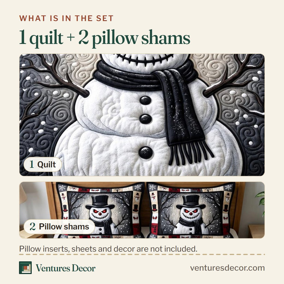 What is in the set: one quilt and two pillow shams, shown in the Midnight Grump Snowman design