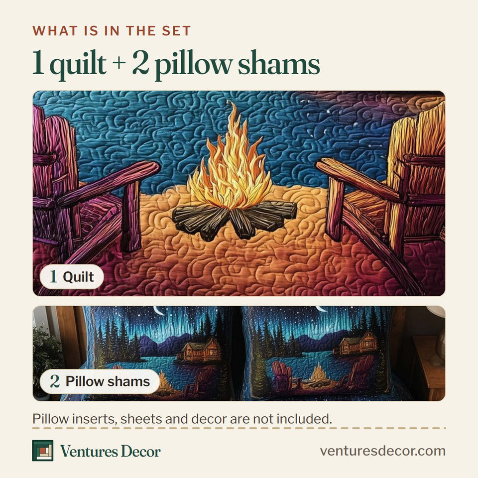 What is in the set: one quilt and two pillow shams, shown in the Midnight Harmony Aurora Chairs Fire design