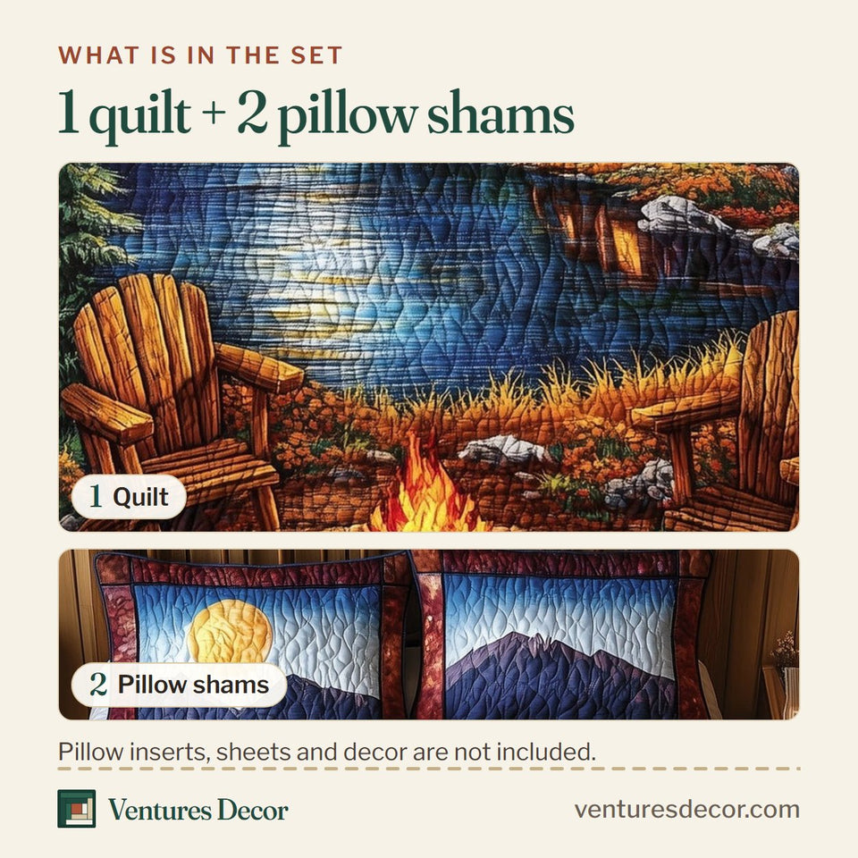 What is in the set: one quilt and two pillow shams, shown in the Midnight Harmony Moonrise Pine Camp design