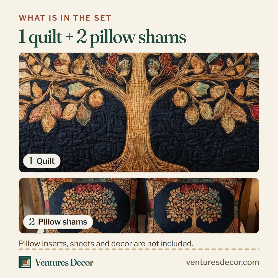 What is in the set: one quilt and two pillow shams, shown in the Midnight Harvest design