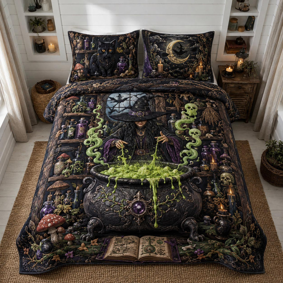 Midnight Haunt Bubbling Cauldron Spellbook quilted bedding set, quilt and two pillow shams on a made bed