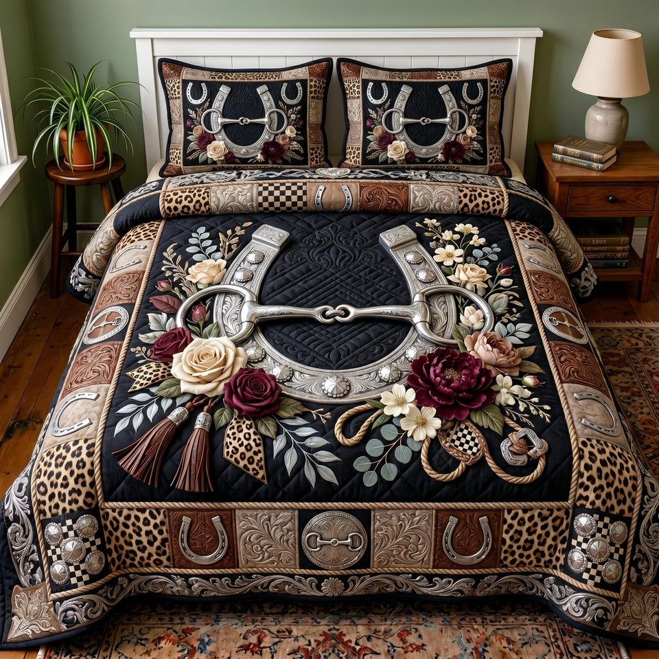 Midnight Horseshoe Roses quilted bedding set, quilt and two pillow shams on a made bed
