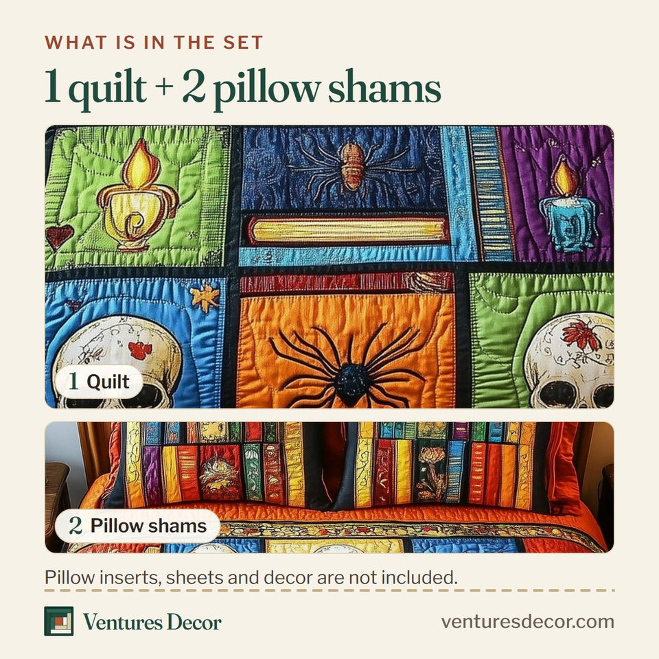 What is in the set: one quilt and two pillow shams, shown in the Midnight Library Candles and Skull Blocks design