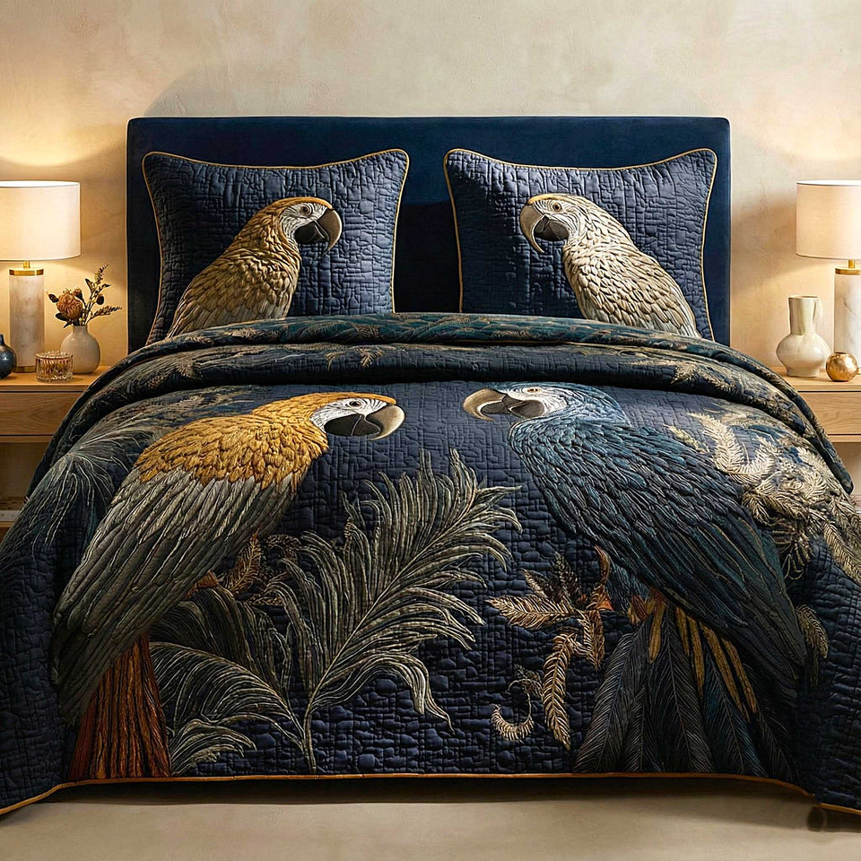 Midnight Macaw Duo quilted bedding set, quilt and two pillow shams on a made bed