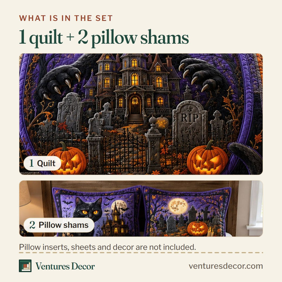 What is in the set: one quilt and two pillow shams, shown in the Midnight Manor Black Cat Moon design