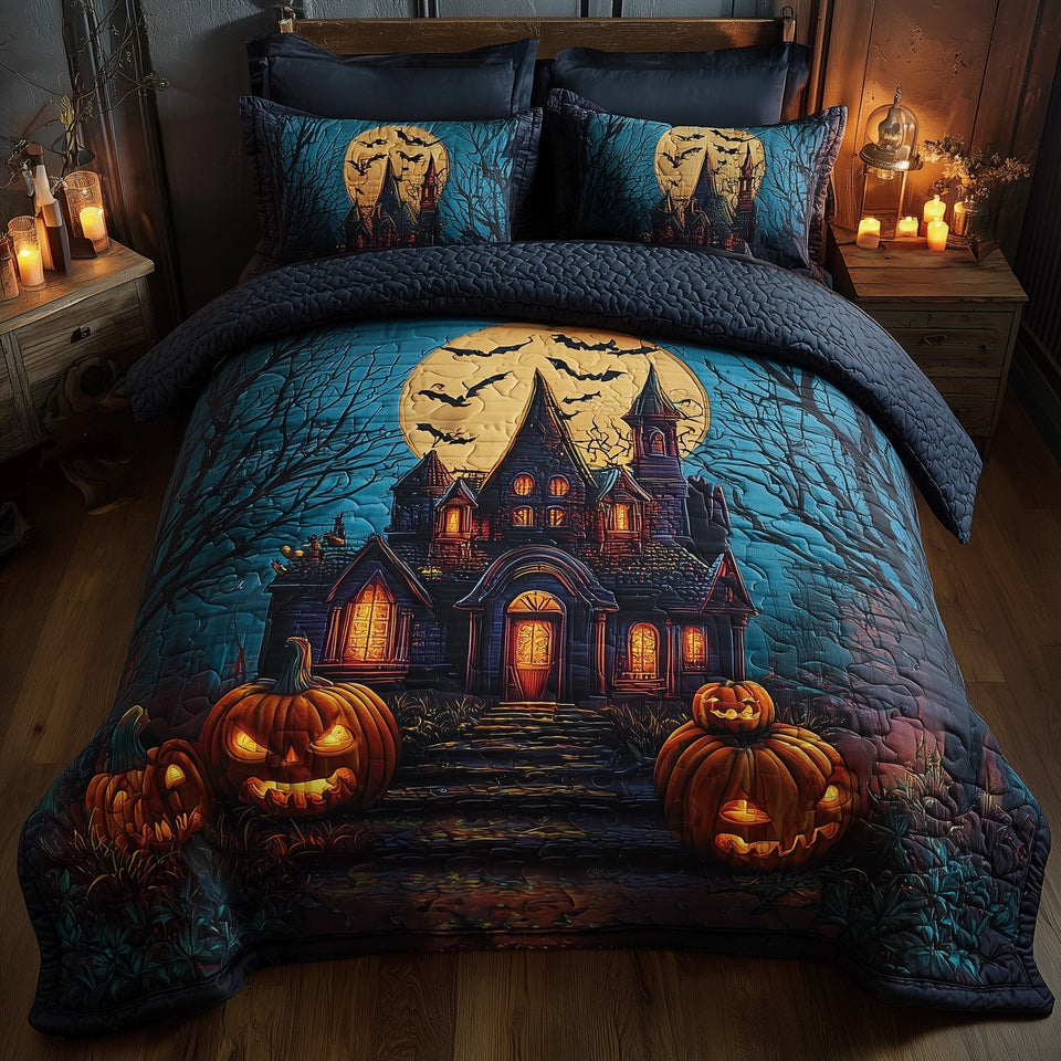 Midnight Manor Teal Moonlit Mansion quilted bedding set, quilt and two pillow shams on a made bed