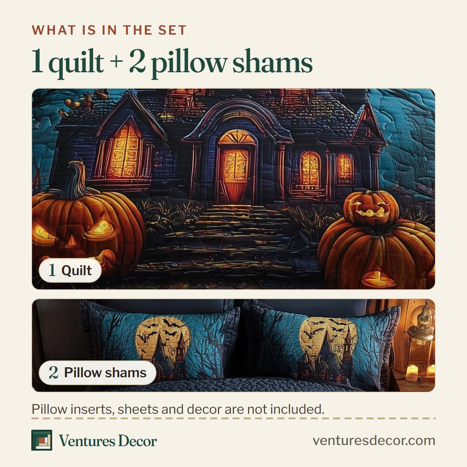 What is in the set: one quilt and two pillow shams, shown in the Midnight Manor Teal Moonlit Mansion design