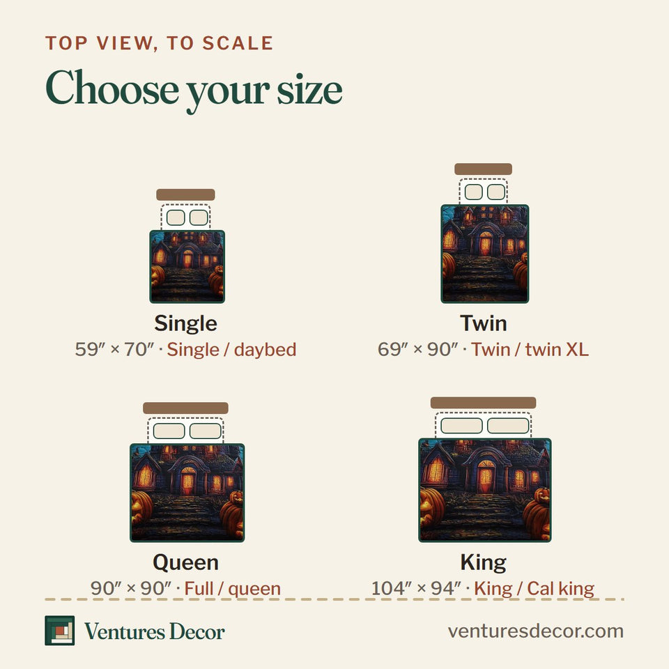 Size guide for the Midnight Manor Teal Moonlit Mansion quilt, top view to scale: Single 59 x 70 in, Twin 69 x 90 in, Queen 90 x 90 in, King 104 x 94 in