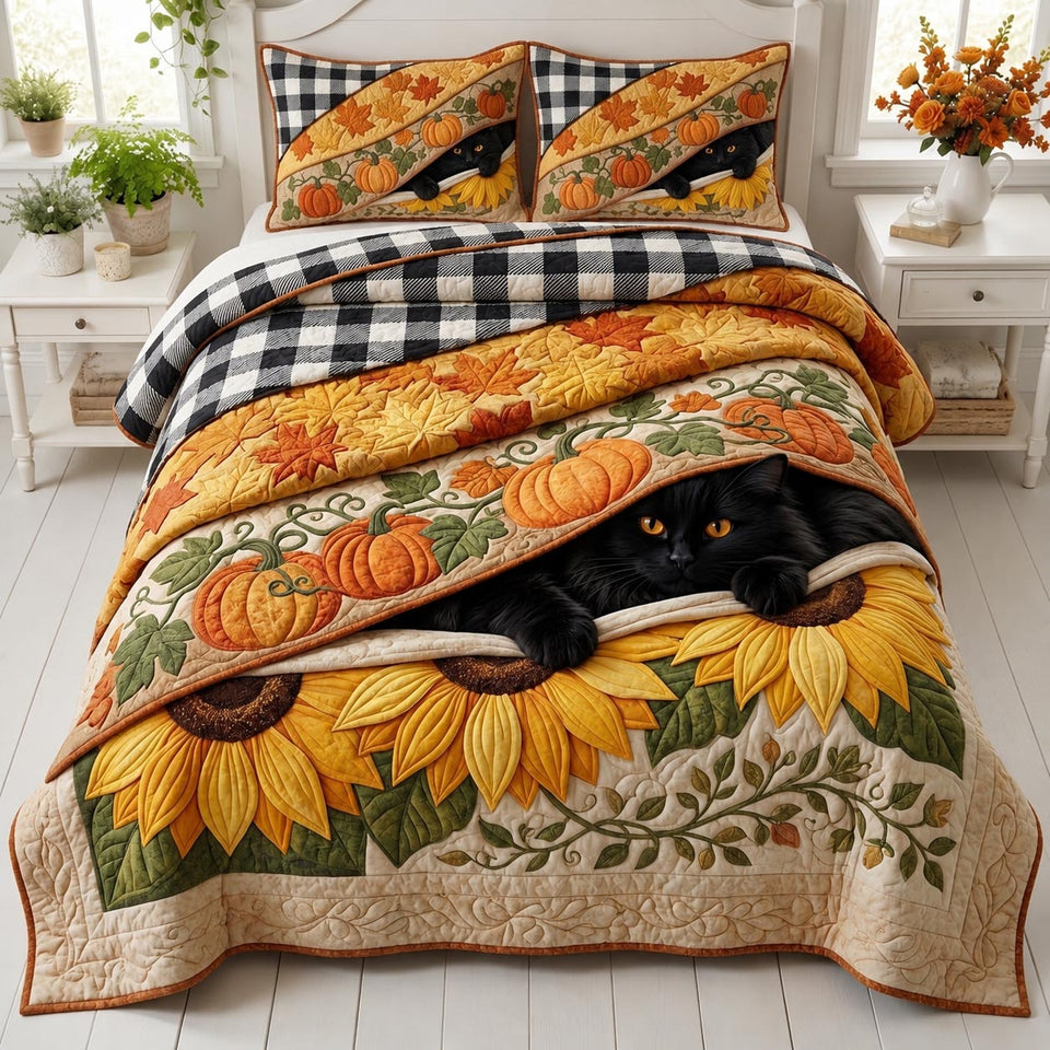 Midnight Maple quilted bedding set, quilt and two pillow shams on a made bed