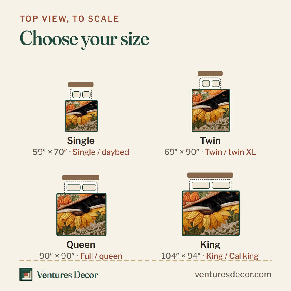 Size guide for the Midnight Maple quilt, top view to scale: Single 59 x 70 in, Twin 69 x 90 in, Queen 90 x 90 in, King 104 x 94 in