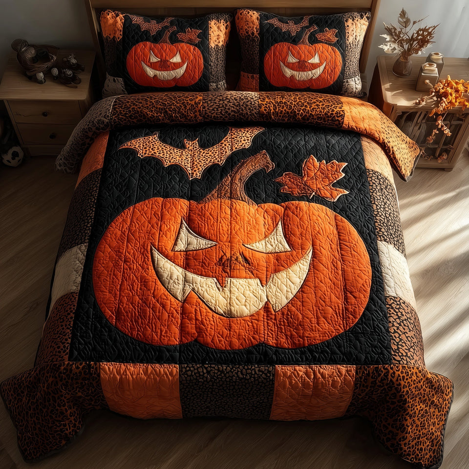Midnight Pumpkin Bat Brow Lantern Face quilted bedding set, quilt and two pillow shams on a made bed