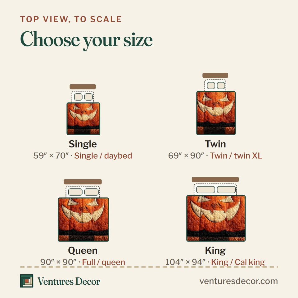 Size guide for the Midnight Pumpkin Bat Brow Lantern Face quilt, top view to scale: Single 59 x 70 in, Twin 69 x 90 in, Queen 90 x 90 in, King 104 x 94 in